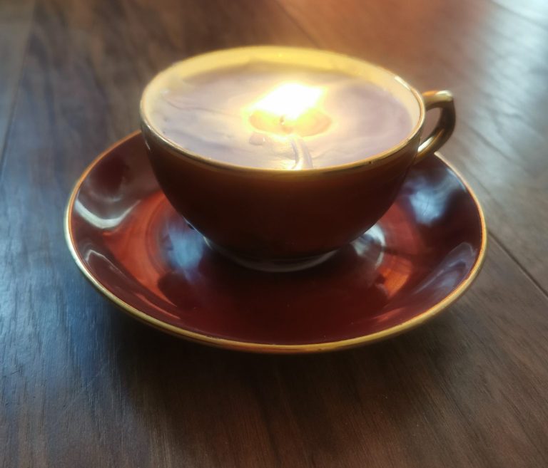 Elegant tea cup and saucer setting for ambient home wellness from the Aromatherapy Collection at Bord Du Lac Artisans.