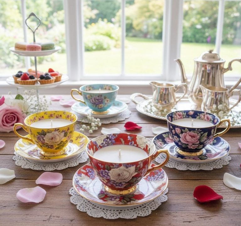 Hand Poured luxury scented candles in decorative floral vintage tea cups, Dualita' 1756, Countryside Collection by Bord Du Lac Artisans.