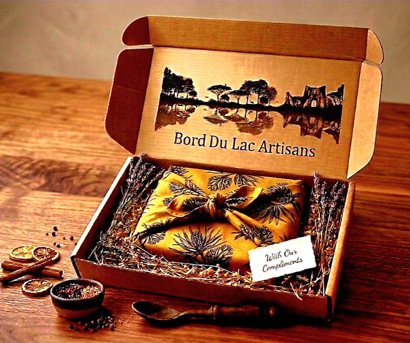 Luxurious Eco-Twill-Cotton Furoshiki ultimate gift box with Aurelia Olus pattern by Bord Du Lac Artisans.
