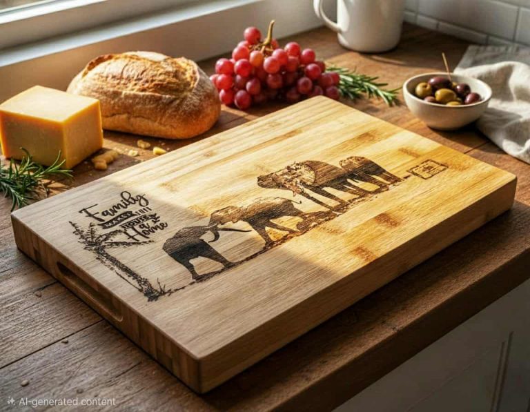 Bespoke bamboo butcher's block with feet and handles featuring an elephant design from the Safari Collection at Bord Du Lac Artisans.