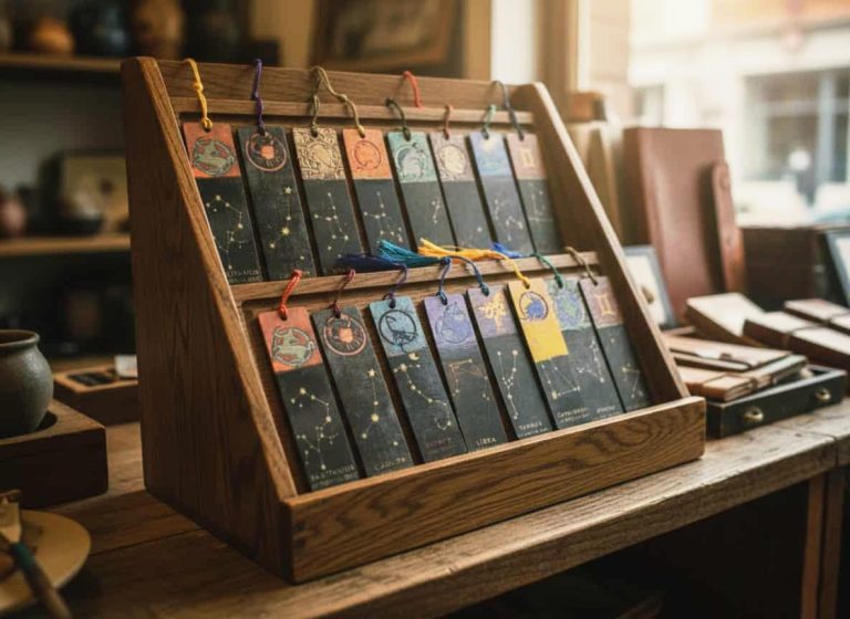Display stand filled with assorted zodiac inspired wooden bookmarks with colourful tassels from Bord Du Lac Artisans
