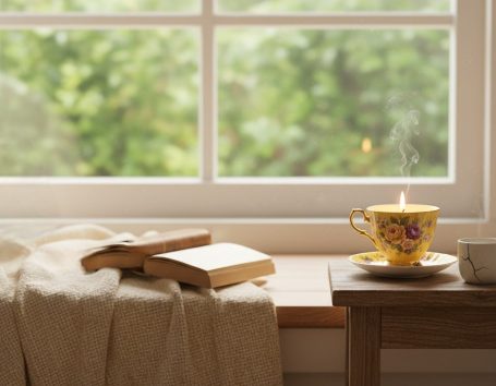 Ambient floral tea cup candle from the Aromatherapy Collection, and book setting  styled by Bord Du Lac Artisans.