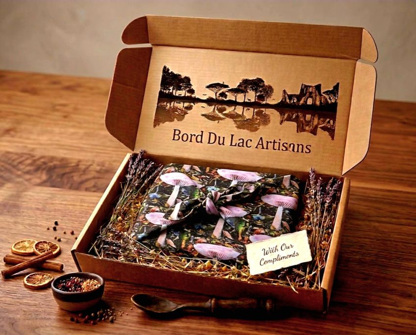 Luxurious Eco-Twill-Cotton Furoshiki ultimate gift box with Twilight Dream pattern by Bord Du Lac Artisans.
