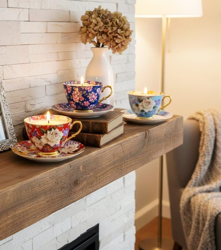 Decorative floral tea cup candle set from the Countryside Collection displayed in a curated home artisan setting at Bord Du Lac Artisans.