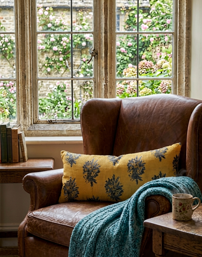 Luxurious Silk Satin lumbar cushion with Aurelia Olus pattern by Bord Du Lac Artisans on a classic brown leather armchair.