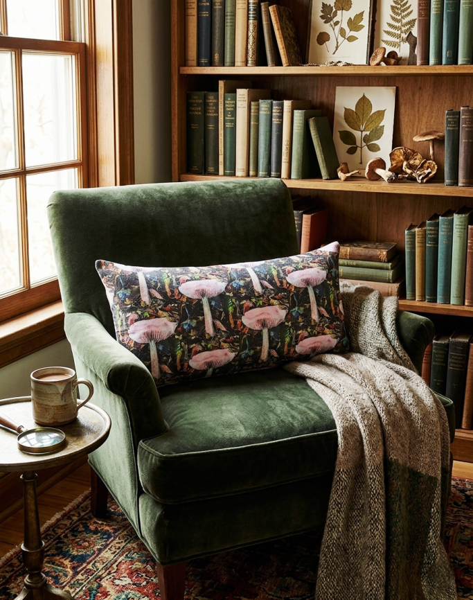 Luxurious Silk Satin lumbar cushion with Twilight Dream pattern by Bord Du Lac Artisans on a classic brown leather armchair.