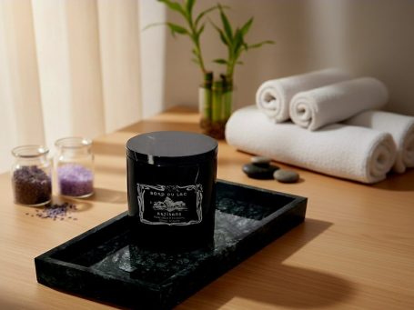 Close up of a luxury marble vessel candle from the Aromatherapy Collection by Bord Du Lac Artisans.