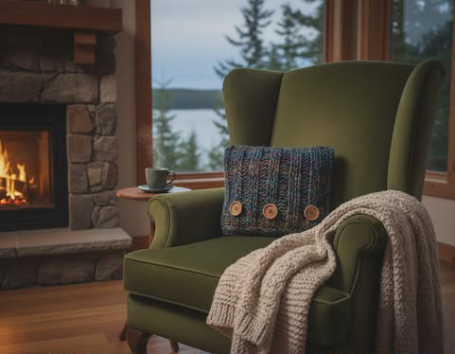 Green armchair featuring a soft handknitted cushion from the Countryside Collection with wooden buttons details at Bord Du Lac Artisan.