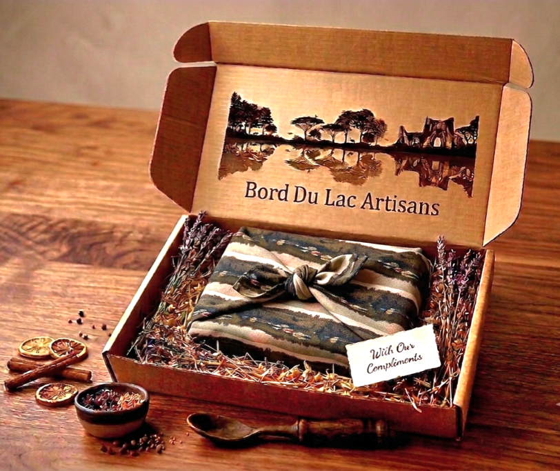 Luxurious Eco-Twill-Cotton Furoshiki ultimate gift box with Lakeside Twilight pattern by Bord Du Lac Artisans.
