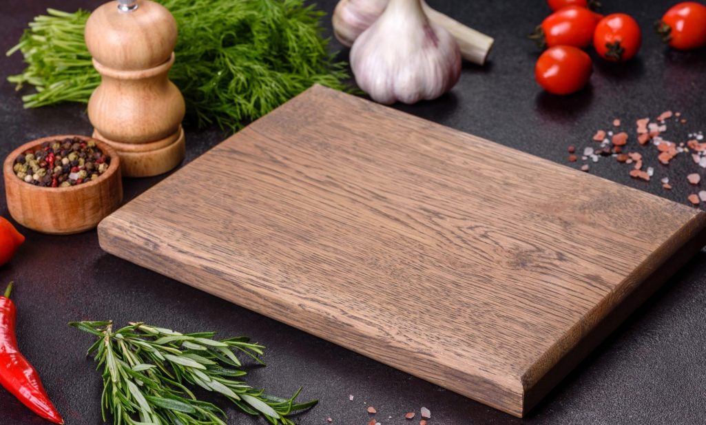 Bespoke engraved oak board, preparation side up for gourmet food presentation from Bord Du Lac Artisans.