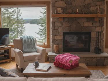 A cozy home setting featuring a fireplace and a trio of hand-knitted blankets from the Adventures in Wool at Bord Du Lac Artisans.