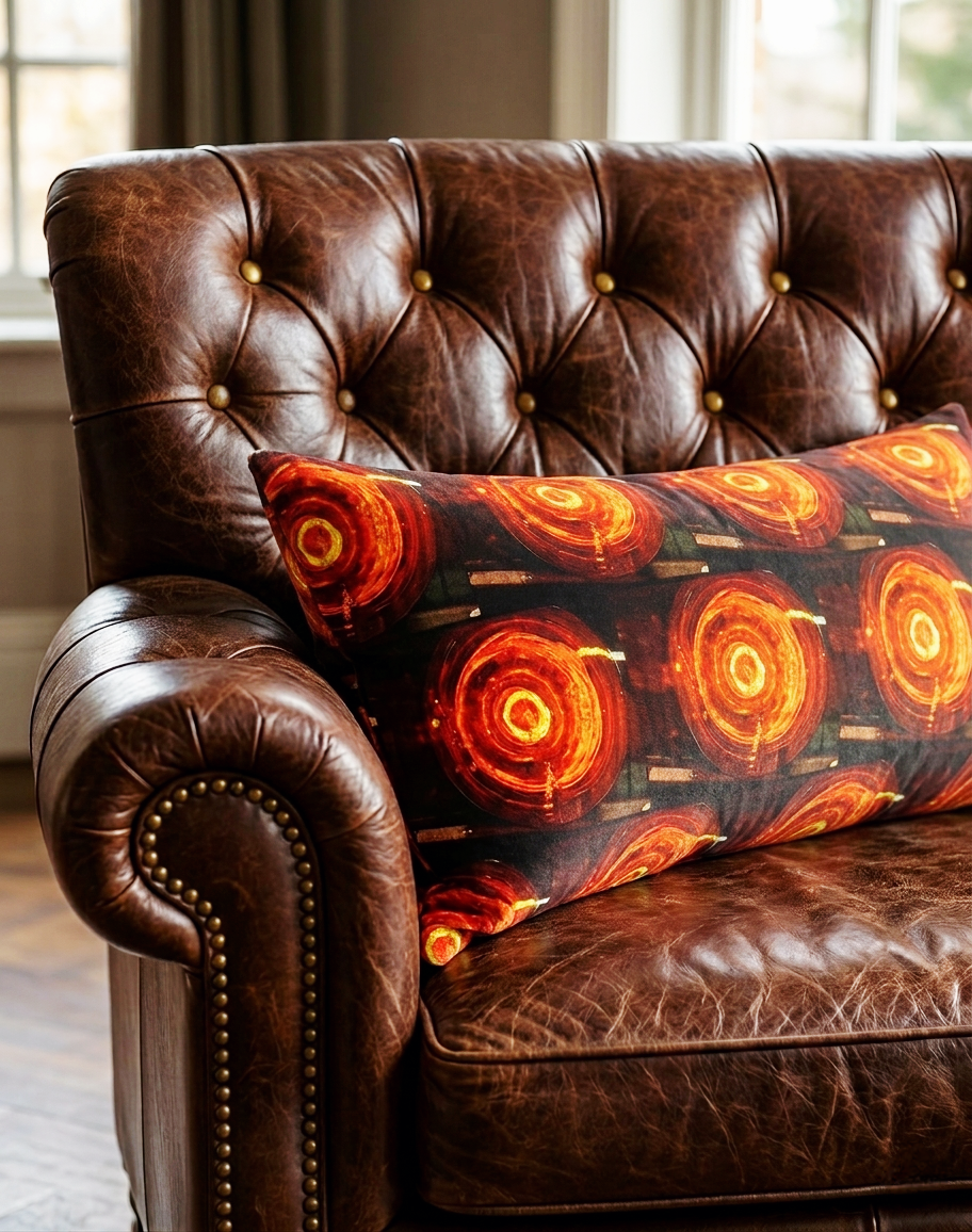 Luxurious Silk Satin lumbar cushion with Filament of Light pattern by Bord Du Lac Artisans on a classic Chesterfield sofa.