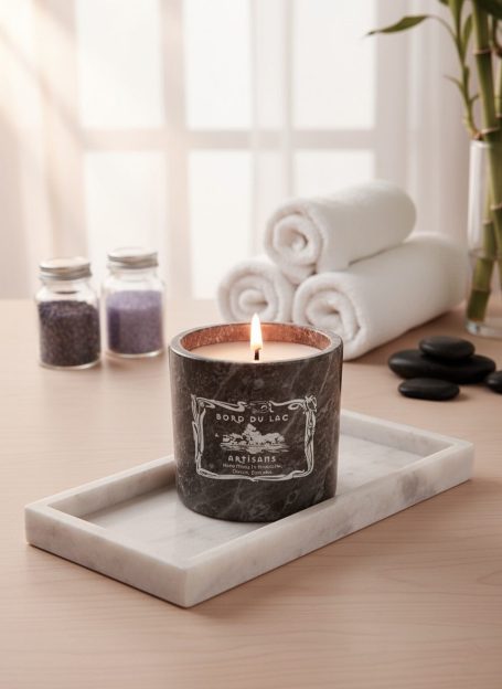 spa inspired setting with a brown marble candle with white ribbed tray from the Aromatherapy Collection at Bord Du Lac Artisans.