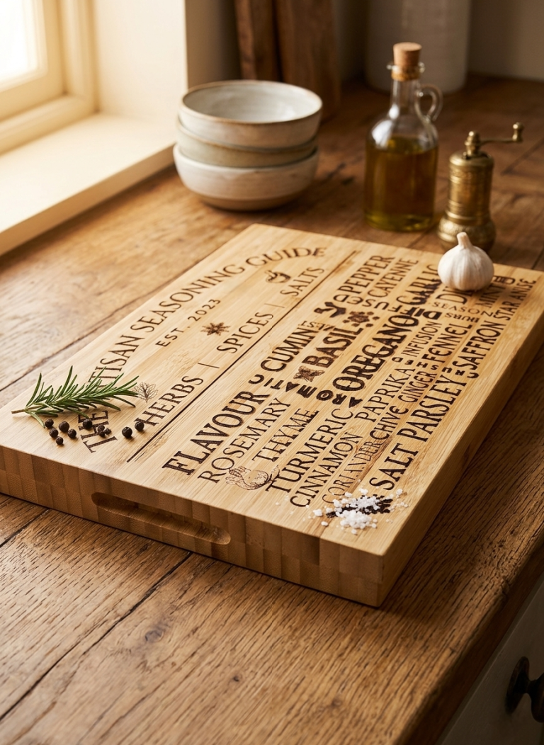 The Artisan Butcher's Block from the Countryside Collection, bamboo board with feet and handles, display side from Bord Du Lac Artisans