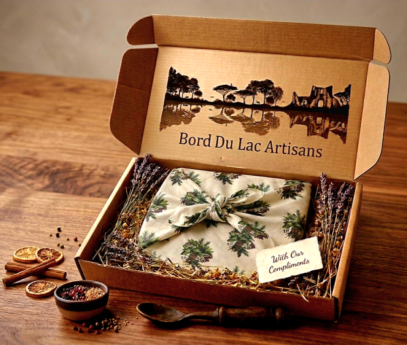 Luxurious Eco-Twill-Cotton Furoshiki ultimate gift box with Verdant Botanica pattern by Bord Du Lac Artisans.